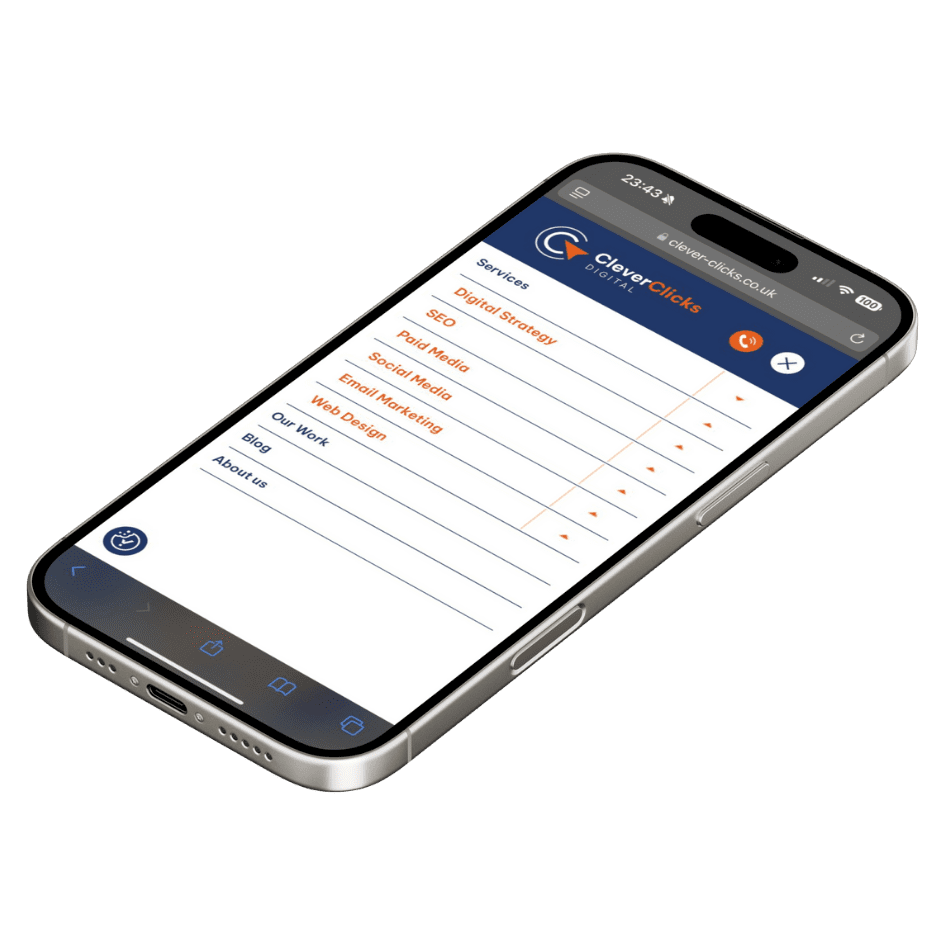 mobile optimisation - a picture of a phone with clever clicks website on it